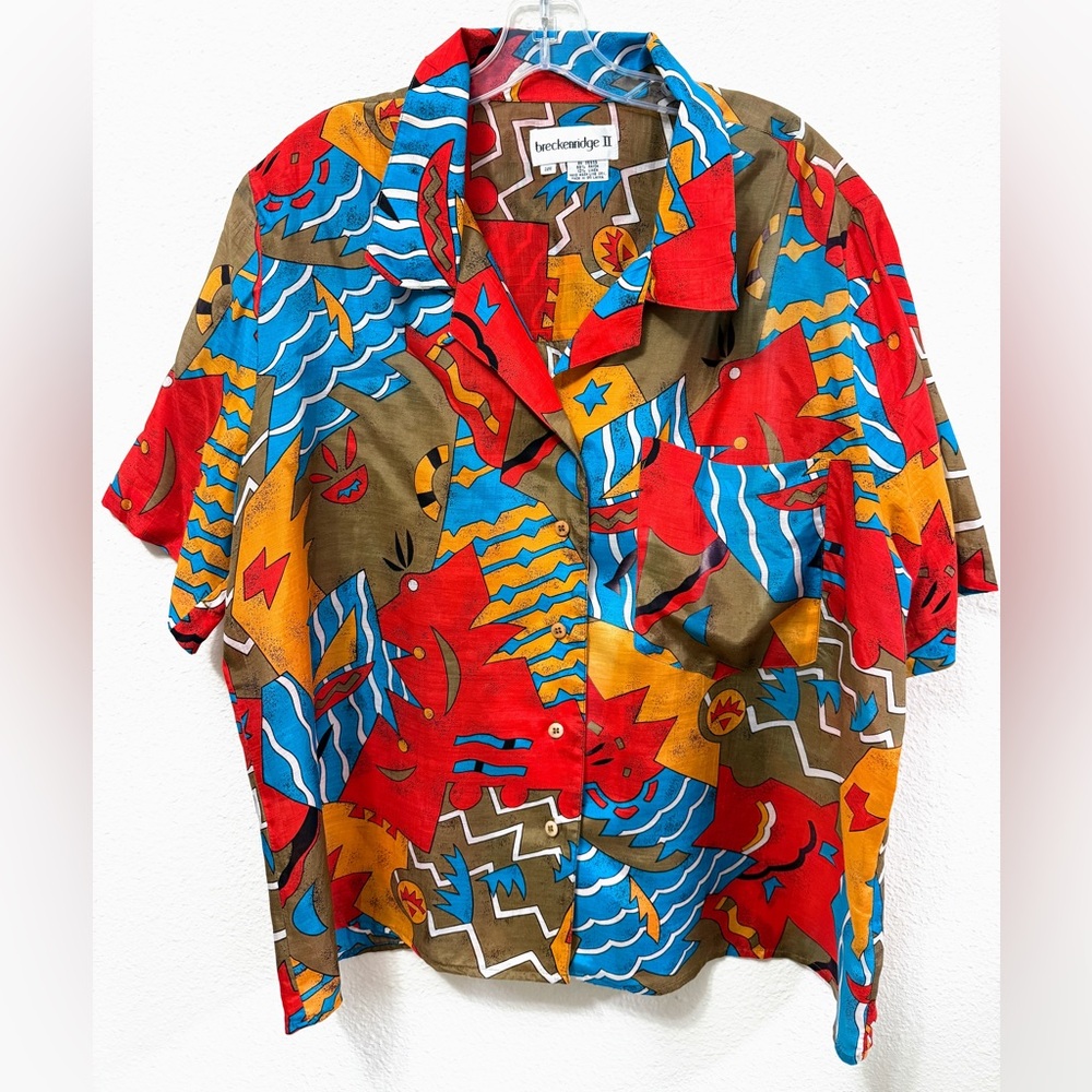Vintage Breckenridge II Picasso Print Abstract Rayon Linen Button Up Shirt 20W
